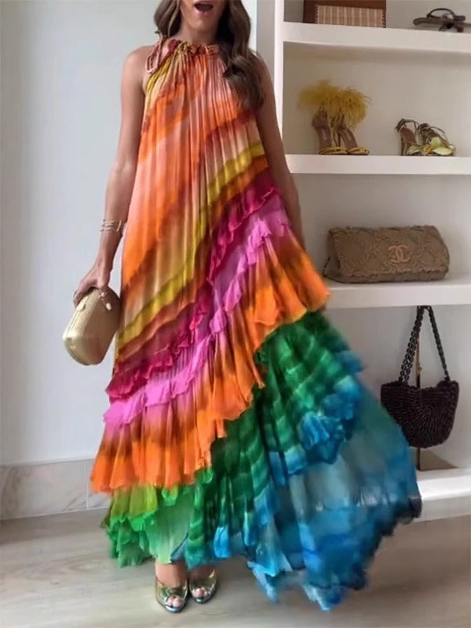 Europe and the United States cross-border new AliExpress independent station fashion printing sexy off-shoulder puffy cake dress women
