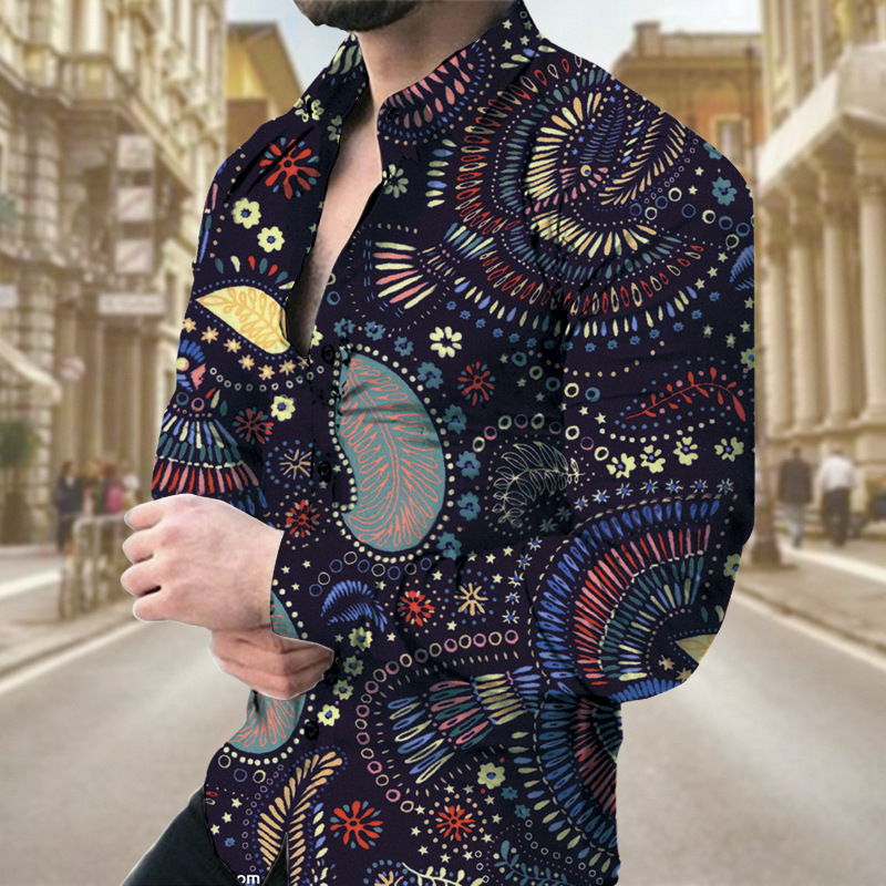 Spring And Autumn New European And American Men's Long Sleeve Shirt Casual Printed Shirt_viptrois.com