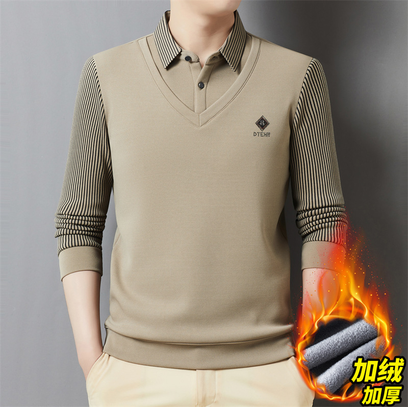 男士Polo衫加绒加厚秋冬新款时尚休闲保暖翻领假两件条纹长袖上衣|undefined