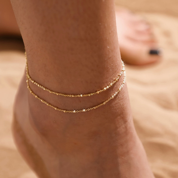 European and American Cross-Border Anklets, Fashionable Double-Layer Ball Chain Versatile Accessories, Exquisite and Elegant Copper Bead Anklets, Trendy European and American Cross-Border Anklets, Fashionable Double-Layer Ball Chain Versatile Accessories, Exquisite and Elegant Copper Bead Anklets, Trendy