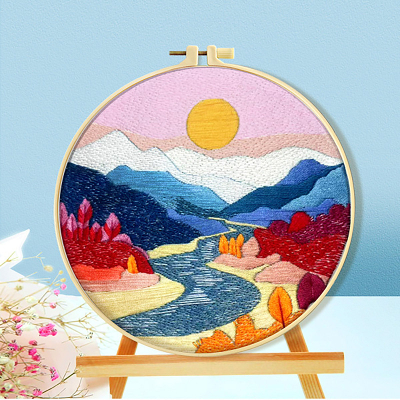 Mona Lisa bordado real bordado de cruz paisaje sol y luna nueva simulación de estilo nacional bordado decoración bordado a mano