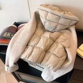 设计感毛呢拼接连帽抽绳棉服女冬季2025新款气质保暖短款夹棉外套