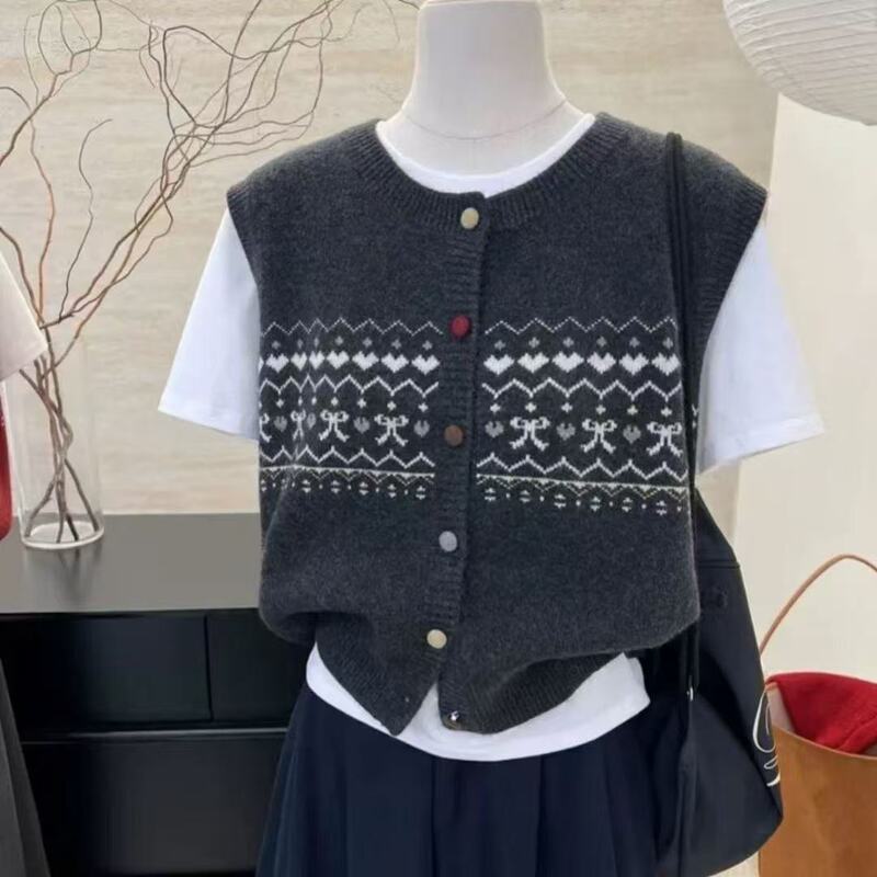 Elegant Diamond-Shaped Bowknot Knitted Cardigan Vest for Women 2026 Spring and Autumn Outerwear Layering Fashion Sweater Vest Jacket