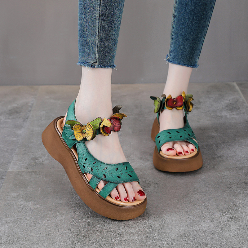 Sandal nữ hở mũi đế bệt da bò thật quai mảnh thủ công hoa — Màu trắng be