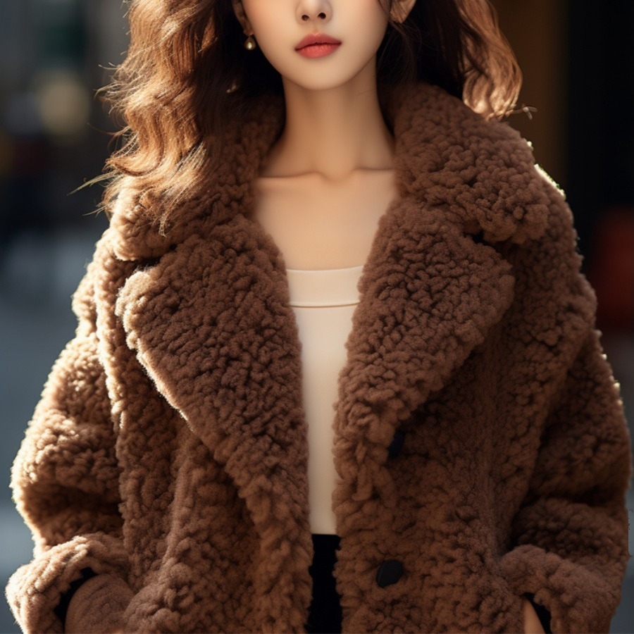 브라운 폴라 플리스 양털 코트, 여성스러운 스타일의 롱 모직 코트, 2025년 신상 가을 겨울 고급형