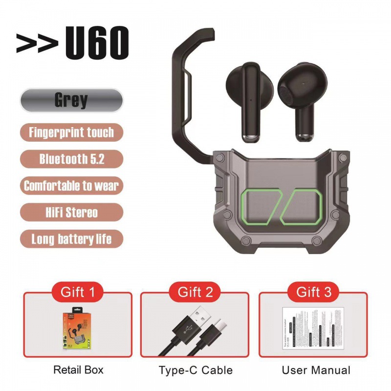Nuevos auriculares Bluetooth transfronterizos U60 Tecnología Mecánica Viento 5.2TWS Luz respiratoria auriculares de juego de alta duración