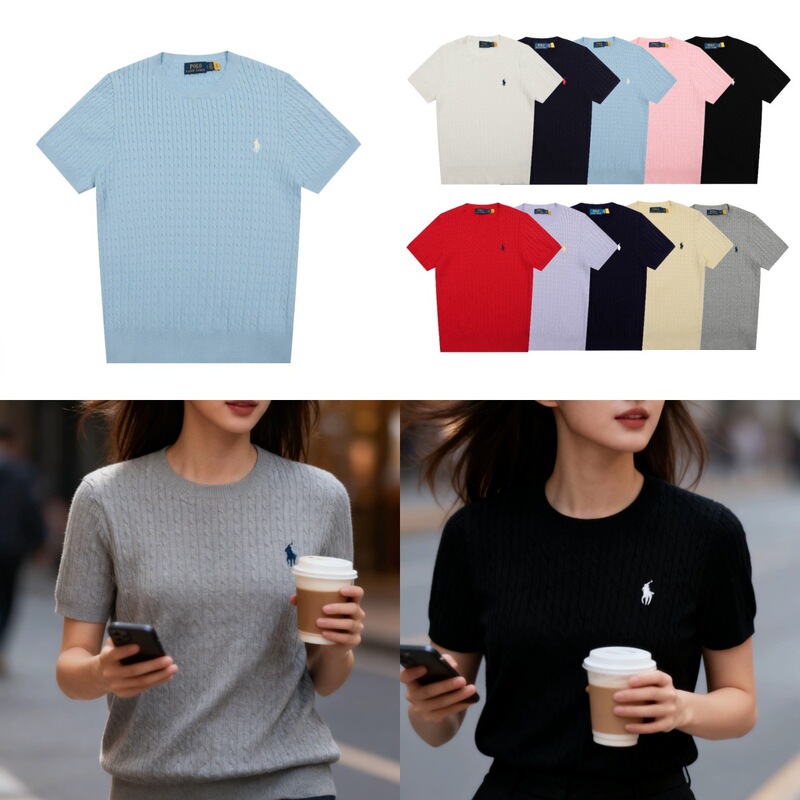 Rl Laff Pony Logo Embroidered Solid Color Knitted Crew Neck Short Sleeve Sweater Four Seasons Women's Base Shirt Outerwear Top