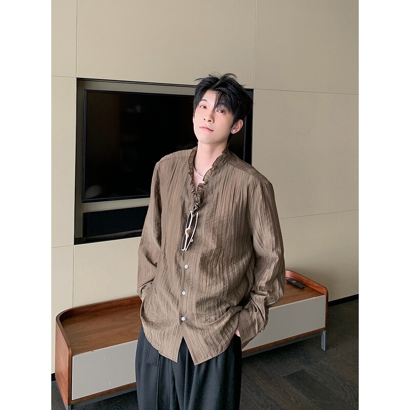 High-End French-Style Pleated Texture Lace V-Neck Long-Sleeve Shirt with Unisex Design from the Road Shop Niche Collection for Men and Women