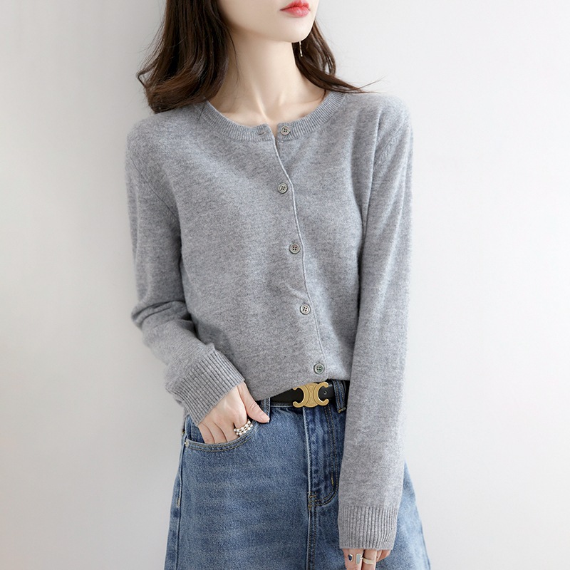 Cardigan 23 color sólido primavera nuevo punto corto de las mujeres cuello redondo Delgado suéter que basa la camisa manga larga más tamaño abrigo