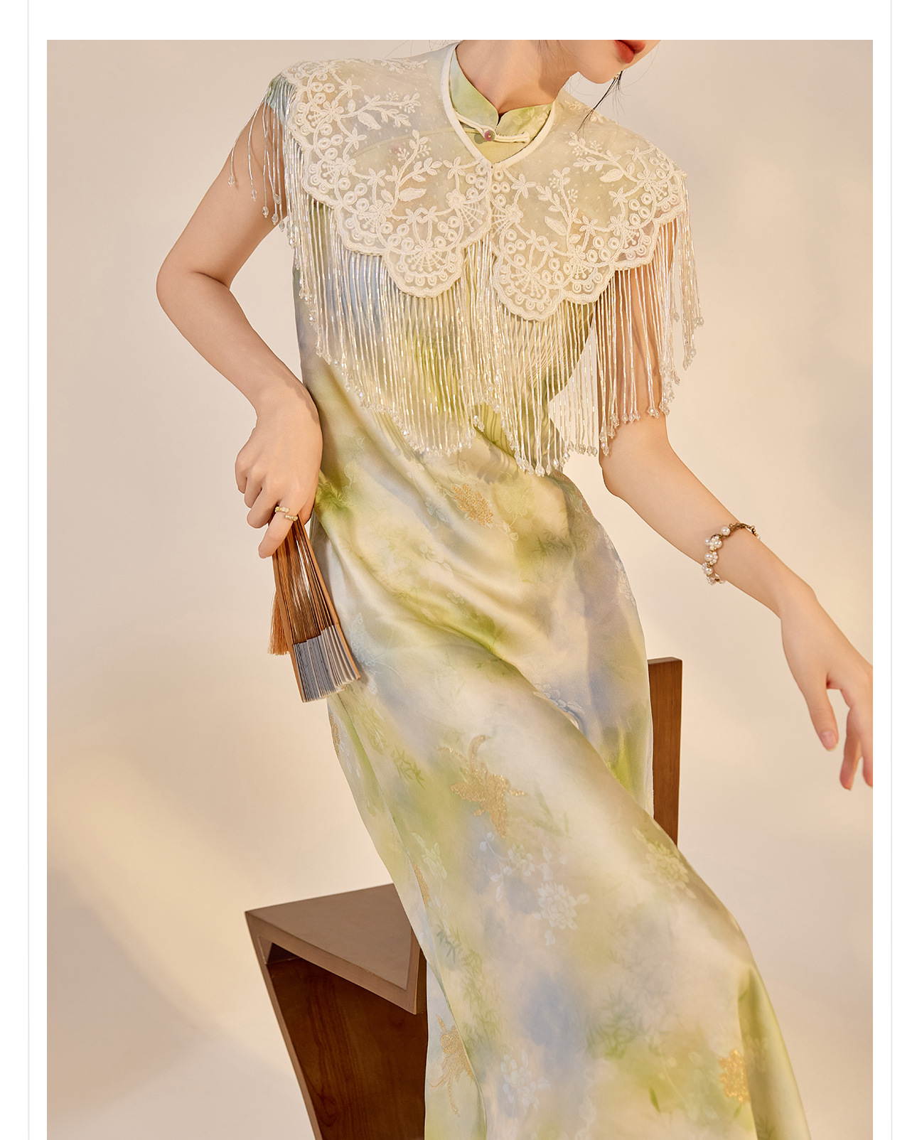 Váy Qipao cải tiến cao cấp phong cách Trung Quốc mới, in họa tiết tinh tế, cổ đứng ôm sát N5008 — Hiển thị màu xanh chi tiết 7