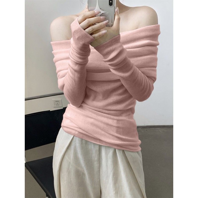 法式一字肩上衣内搭针织打底衫女春秋修身褶皱小众设计感长袖|undefined