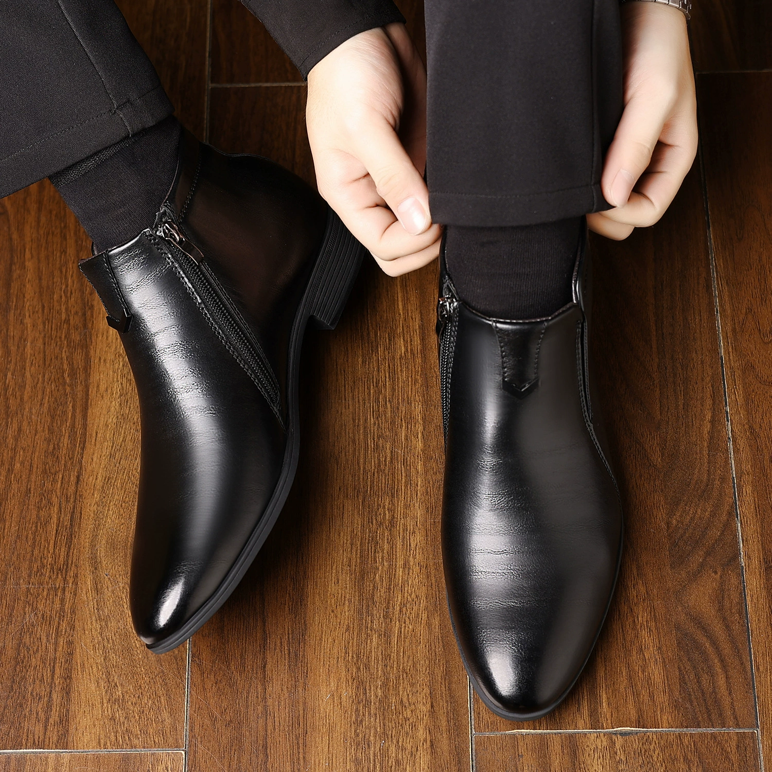 Aofu Shoes 6013 мужские короткие кожаные ботинки с заостренным носком, тиснённой полосой и боковой молнией, повседневная мода