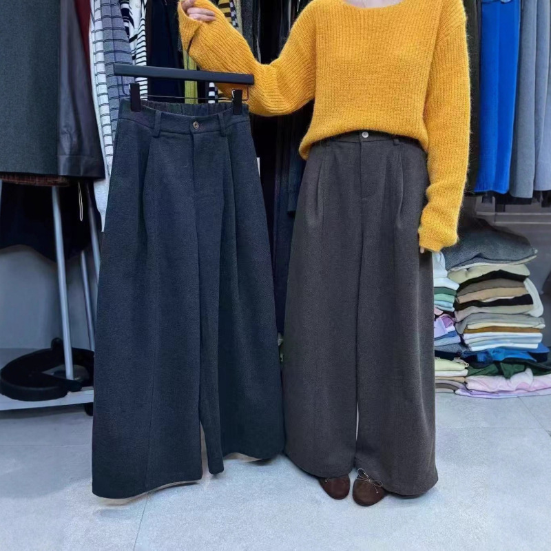 韩系高腰拼色高级感阔腿裤直筒裤女2025新款宽松百搭气质休闲裤子|undefined