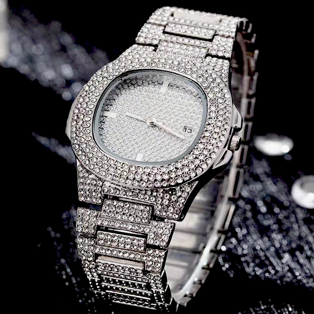 Cuban Chain Watch Bracelet Three piece Jewelry Personalized Fashion Set Hip Hop Full Diamond Necklace_voghion.com