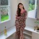 Spring and Summer New Leopard Print Black Leather Kitty Ice Silk Long Sleeve Pajamas Two-Piece Set Cartoon Carmable Outwear Home Clothes