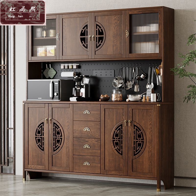 New Chinese Style Solid Wood Sideboard Integrated Wall Tea Cabinet Kitchen Dining Room Living Room Wine Cabinet Solid Wood Storage Storage Cabinet