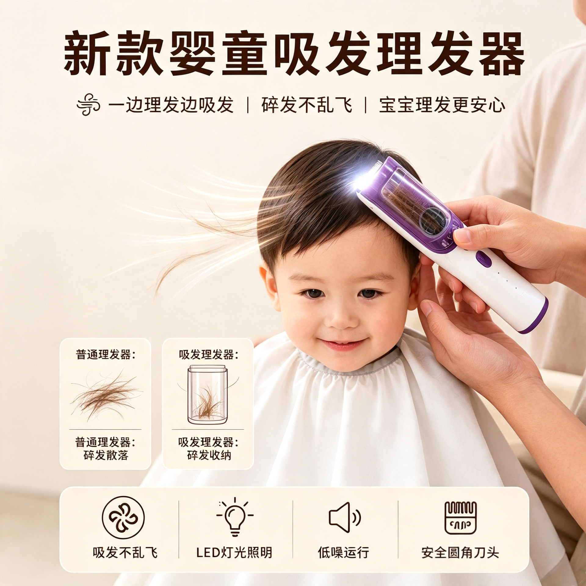Baby Hair Clipper with LED Lighting, Silent Baby Hair Trimmer, Rounded Blade Head, Safe and Skin-Friendly