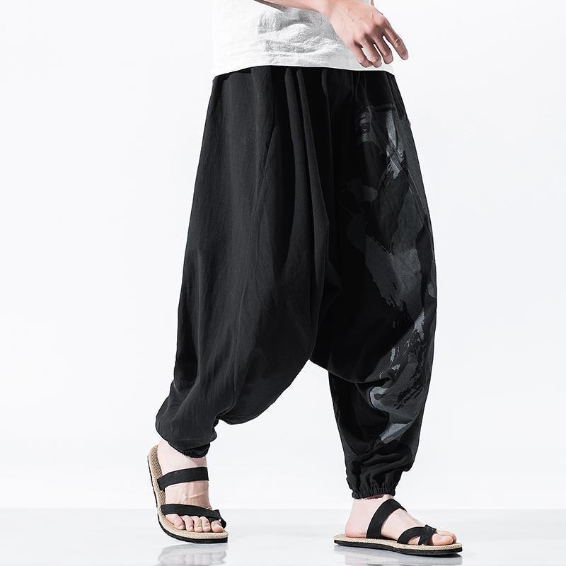 Pantalones de entrepierna colgante de Buda, pantalones de entrepierna baja de grasa especial de algodón y lino para hombre, pantalones de entrepierna de arrastre sueltos, pantalones de nueve puntos, pantalones holgados japoneses más grasa de talla grande