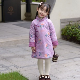 Girls' cheongsam winter cotton Chinese style improved girls' purple white Hanfu Tang suit children's cheongsam dress