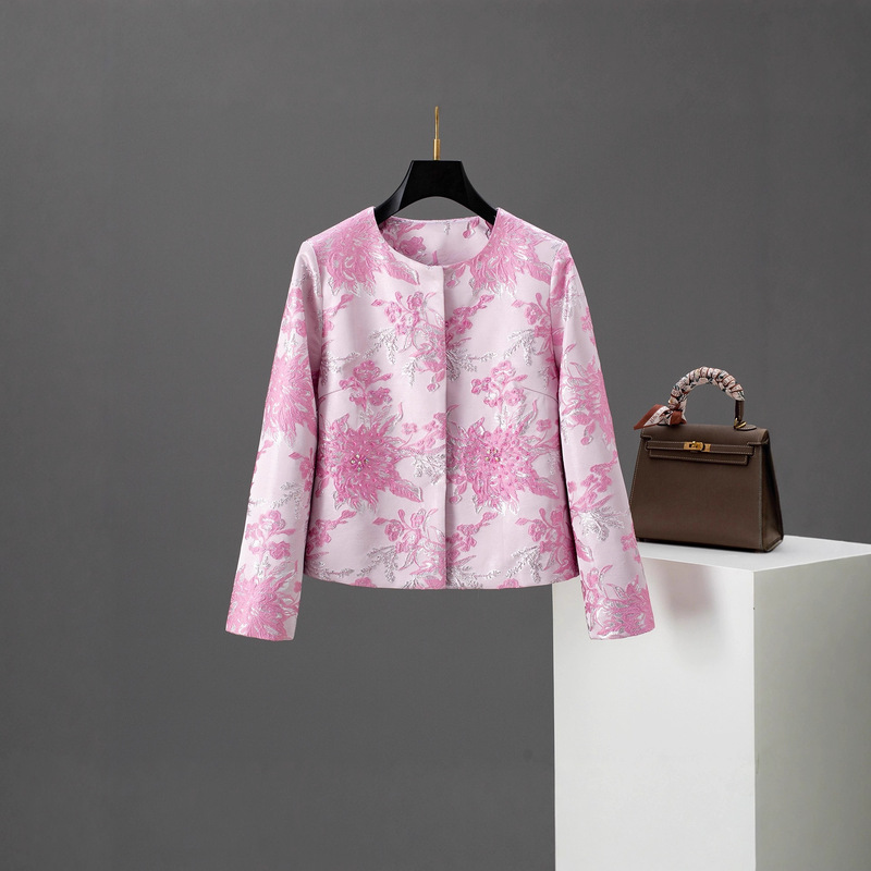 Chinese Style Jacquard Embroidered Short Jacket for Women Pink Round Neck Chinese Style Top Autumn and Winter Retro Banquet Han Dynasty Style Jacket