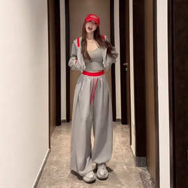 休闲时尚运动套装女早秋拼色大兜帽短款卫衣抽绳宽松阔腿裤两件套