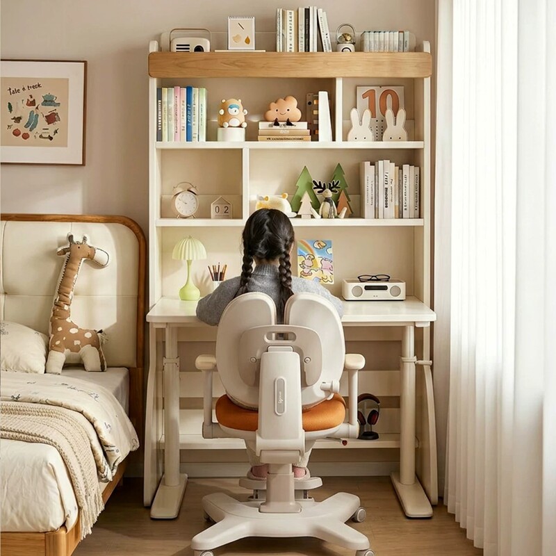Children's Study Table, Home Writing Desk, Pegboard Bookshelf, Table and Chair Set, Solid Wood Adjustable Desk with Integrated Bookshelf Children's Study Table, Home Writing Desk, Pegboard Bookshelf, Table and Chair Set, Solid Wood Adjustable Desk with Integrated Bookshelf