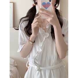 跨境专供外贸韩系新款夏季女纱布浴袍开衫系带舒适家居服带发圈女