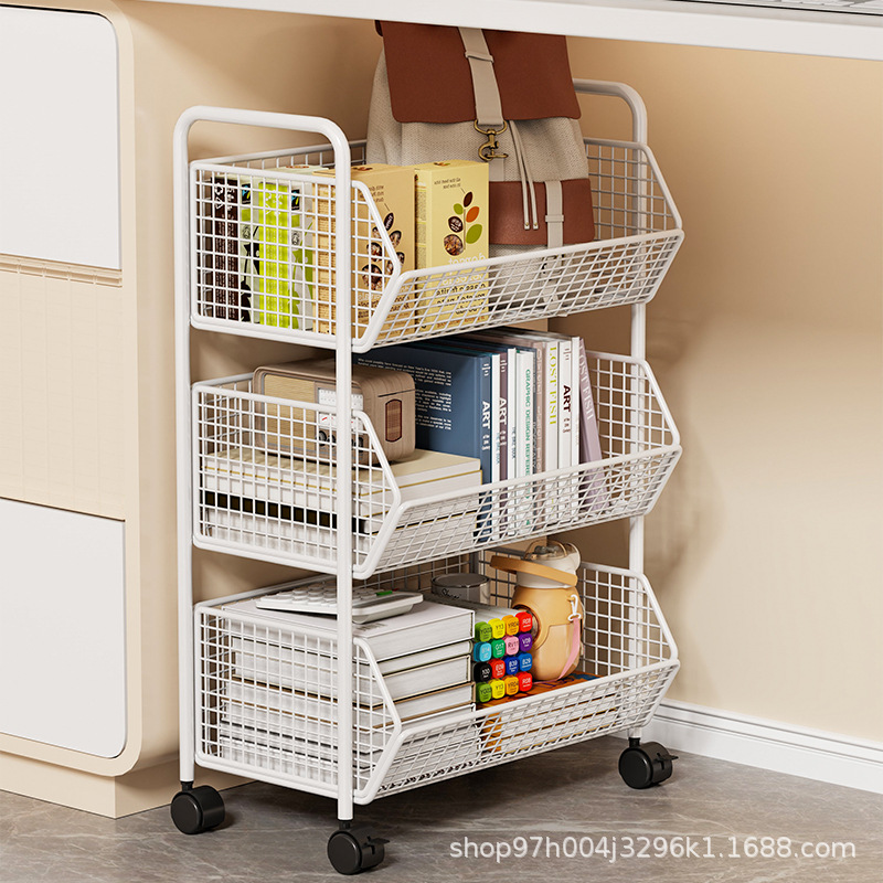 Movable bookshelf, floor-standing storage rack, household multi-layer iron bookcase with wheels, simple snack storage cart