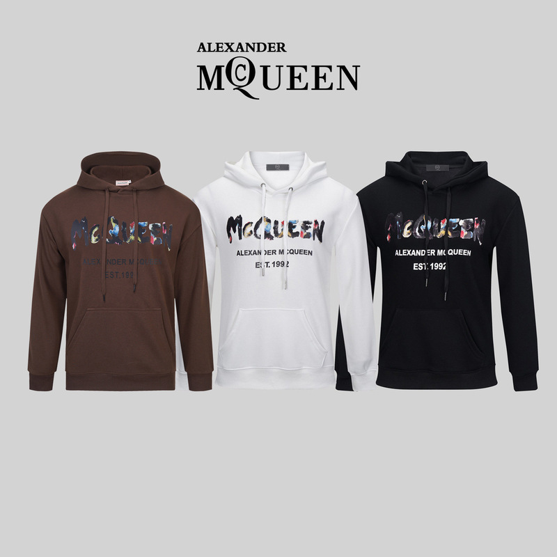 Cross-Border Trendy Brand Alexander Mcqueen Letter Colorful Printed Brown Men's and Women's Hooded Sweatshirts
