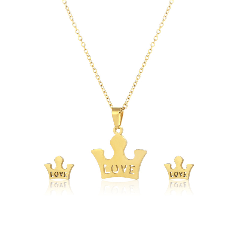 Fashion Crown Pendan Titanium Steel Necklace Gold Plated Earring Set