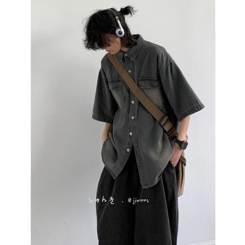 Summer Japanese Washed Distressed Pocket Short-Sleeve Denim Shirt for Men and Women, Trendy Retro Workwear Blouse Jacket