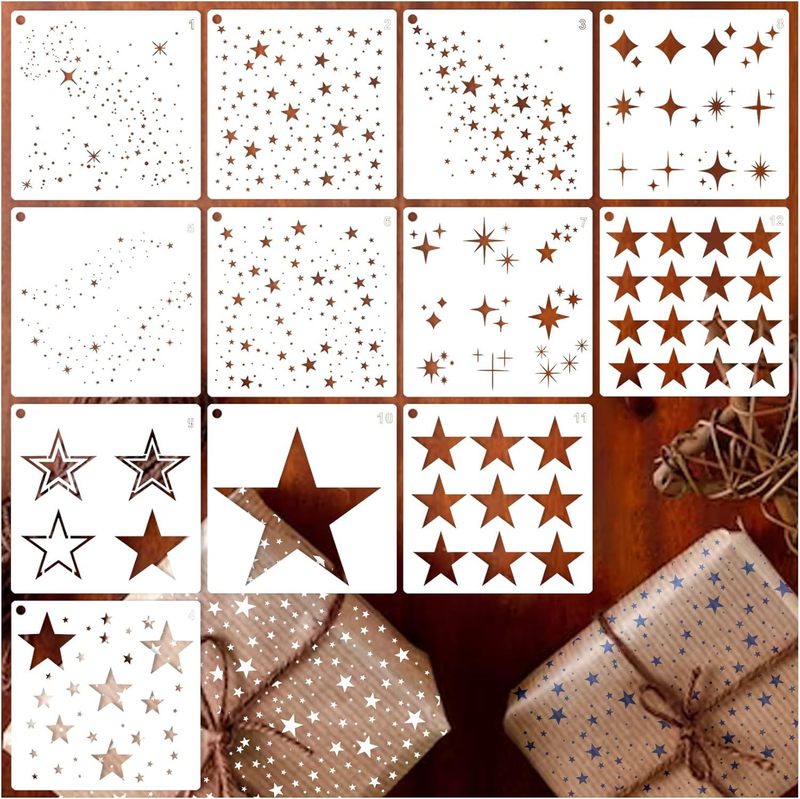 12Pcs Shiny Star Template Star Background Craft Template Mixed Media Template Card Painting