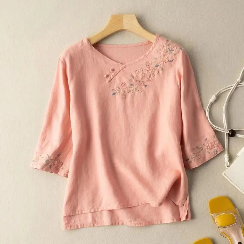 China Wind-Clasp Embroidered Shirt For Women Artistic Retro Summer Cotton-Linen Loose-Fitting Embroidered Top With Sev_ecoleips.com