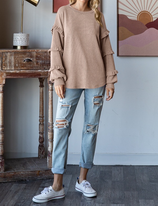 Haut pull à manches lanternes et col rond en dentelle pour femme K New_voghion.com