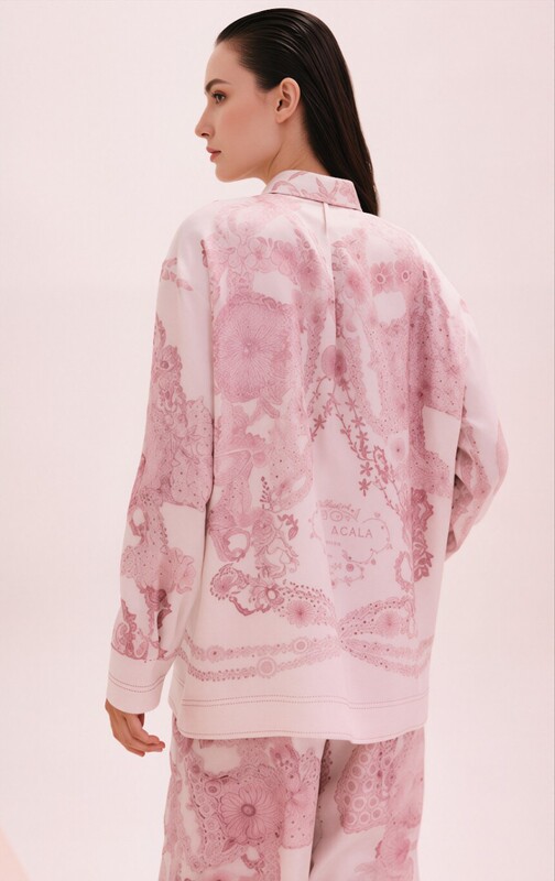 Emma's French-Style Heavy Silk Women's Shirt with Twill Fabric, Socialite Belt, Floral Pattern, Long Sleeves, Pink