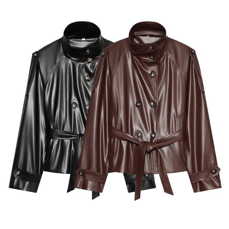 European and American style stand-up collar, tie-waist, leather shoulder epaulettes, double-breasted, two-tone short faux leather trench coat 0091718 European and American style stand-up collar, tie-waist, leather shoulder epaulettes, double-breasted, two-tone short faux leather trench coat 0091718