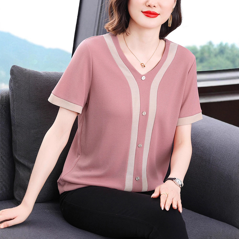 棉短袖t恤女夏装新款V领洋气体恤小衫中老年胖妈妈宽松遮肉上衣