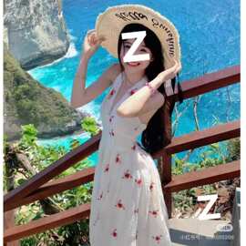 无袖V领挂脖连衣裙夏季新款温柔气质收腰显瘦连衣裙仙气超仙森系