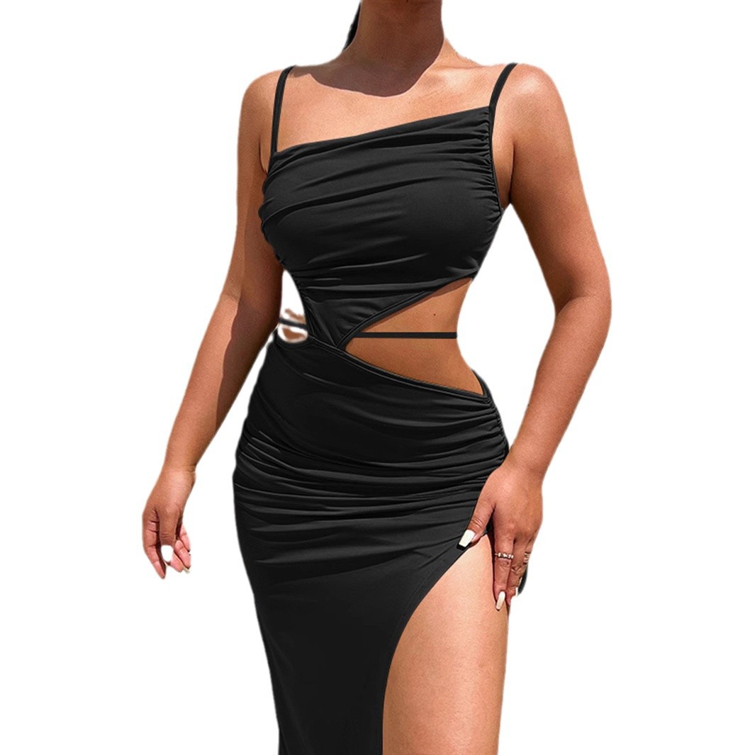 2024 Hot-Selling Asymmetrical Neck Strap Women's European And American Sexy Lace-Up Hollow Long Dress With Slit_ecoleips.com