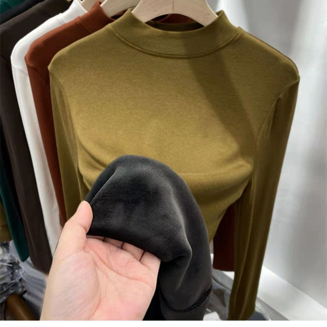 Koszula damska z grubym polarem, małym stójkowym kołnierzykiem, przyjemna dla skóry, wygodna i dopasowana, z długim rękawem_voghion.com