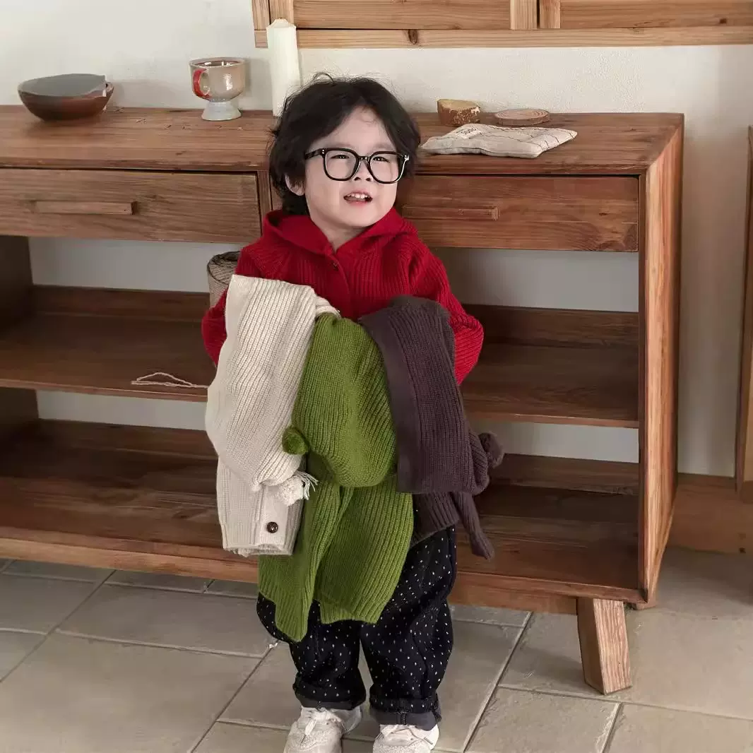 蒙田韩版宝宝柔软毛衣儿童针织开衫连帽外套男女童洋气潮秋冬加厚