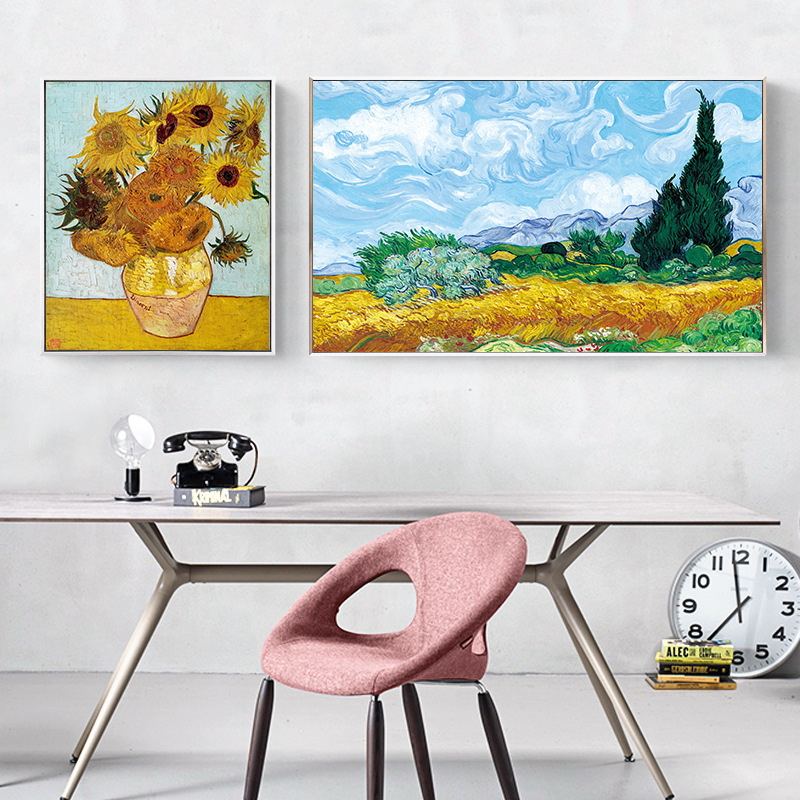 世界的に有名な絵画、装飾画、ゴッホ、モネの油絵、キャンバス絵画、ひまわり、モナリザ、リビングルームの壁画、アート作品