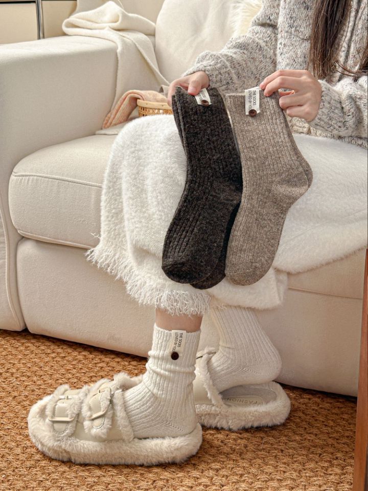 5shuang Button Wool Stockings Children's Medium Tube Socks Solid Color Thickened Warm Versatile Japanese Stacking Socks_voghion.com