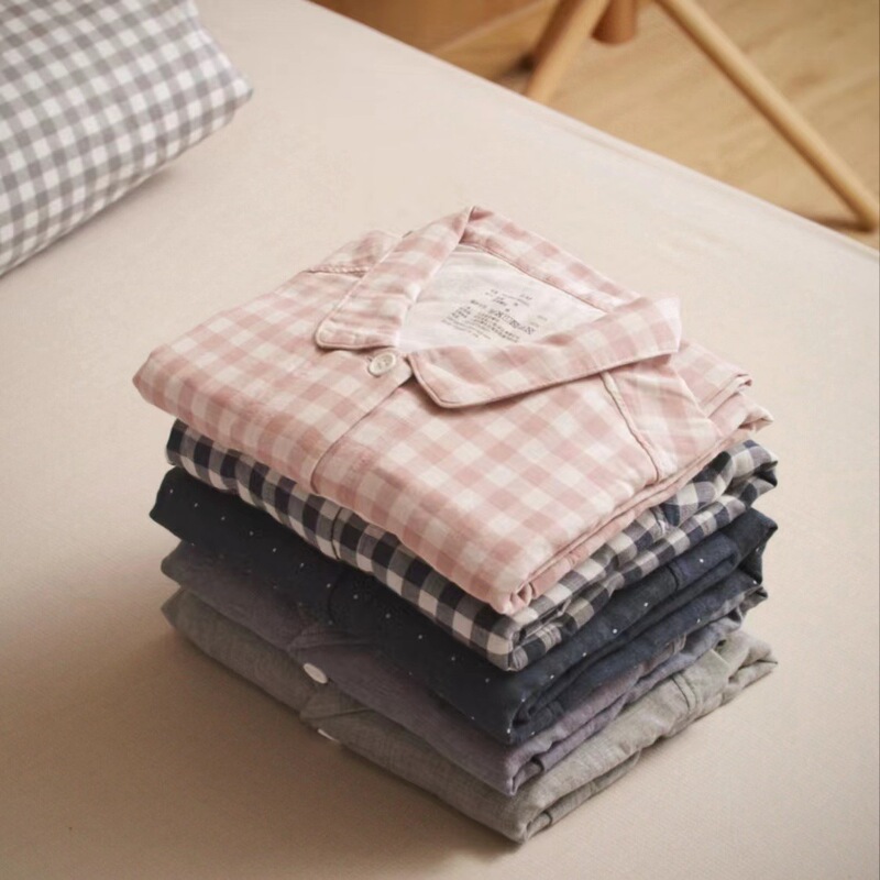 Pure Cotton Pajamas, Thin Home Clothes, Men's Cotton Long-Sleeved Women's Couple Suits, Trousers, No Side Seams, Double-Layer Gauze Pajamas