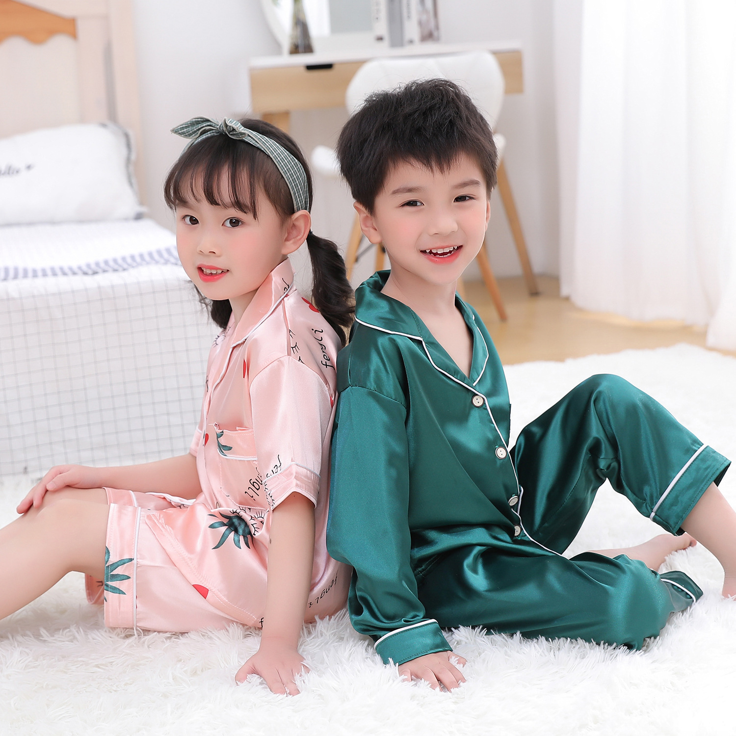 儿童睡衣女童春夏季长袖仿冰丝男童套装男孩女孩中大童家居服夏天|ms