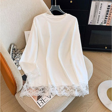春秋女款蕾丝拼接长袖打底衫300斤胖MM洋气大码内搭中长款上衣ins