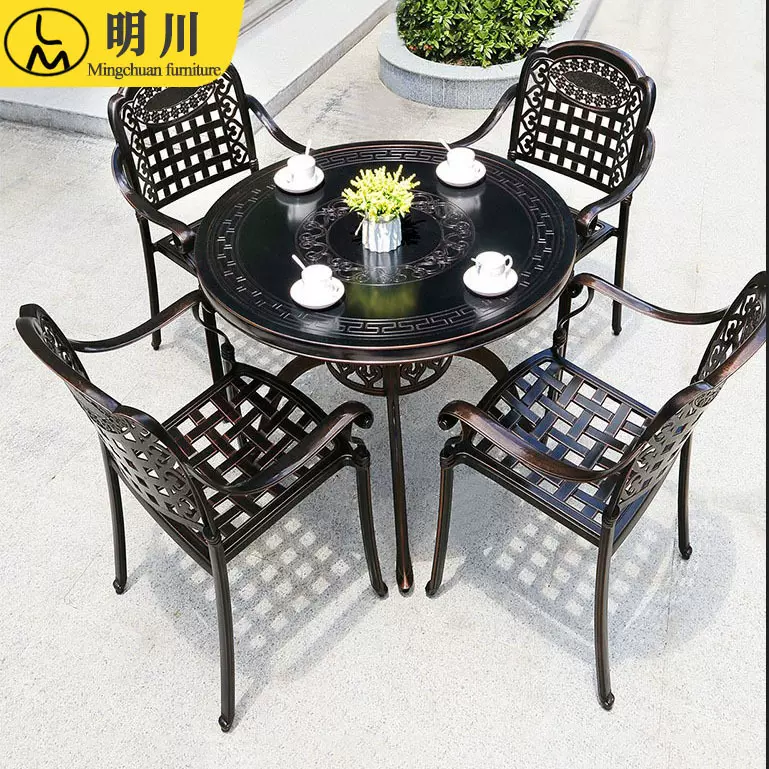 明川厂家批发阳台庭院花园露台咖啡厅户外家具雕花餐桌铝合金