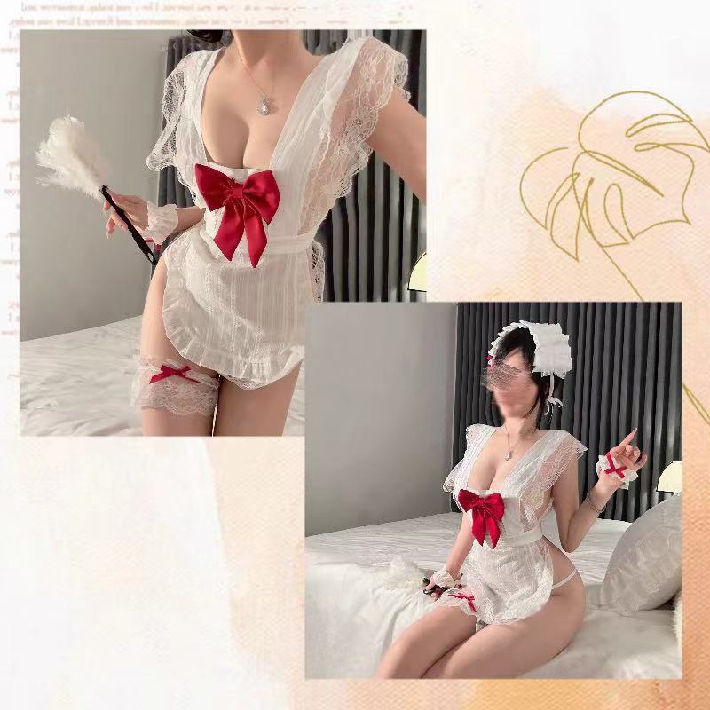 Maid Roleplay Lingerie Set with Lace Apron and White Open-toe Stockings, One Size — detail image 6