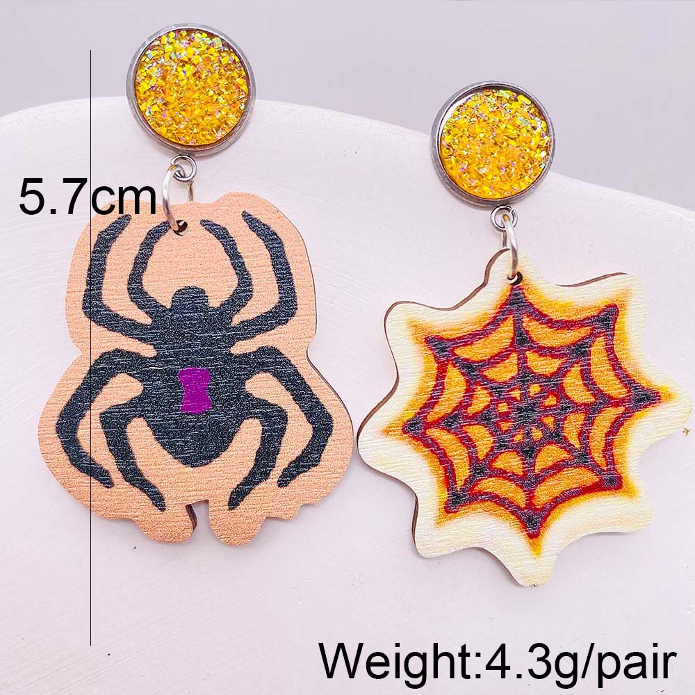 7g Weight Drop Earrings Classification 1 Pair Quantity Daily Occasion Wood Material Halloween Festival Owl, Spider, Skull Pattern Women's Gender Retro, Funny Style 1 Pair Halloween Retro Funny Owl Spider Skull Wood Drop Earrings 6