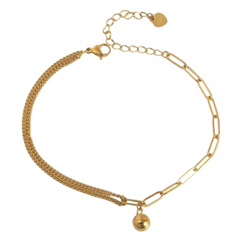 Wen Jian de alto nivel nicho de oro cadena de empalme bola de oro de titanio acero tobilla mujer chapado en oro 18K no desvanecerse lujo ligero inns